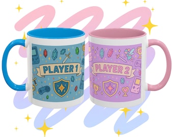 Spieler 1 & Spieler 2 Gamer Tassen Set Passende Paar Tassen, Geschenk für Freund oder Freundin, niedliche Nerdy Beziehung Tassen