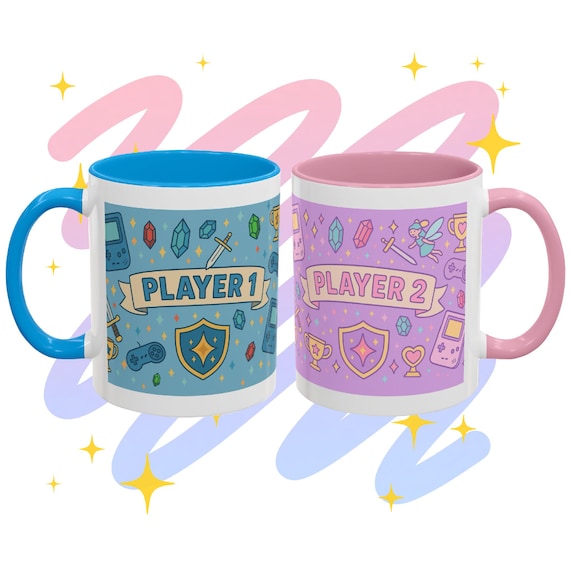 Player 1 & Player 2 Gamer Mug Set Matching Couple Mugs, Gift for Boyfriend or Girlfriend, Cute Nerdy Relationship Cups