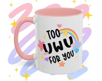 Kawaii keramische koffiemok, Too Uwu For You, pastel regenboogcadeau