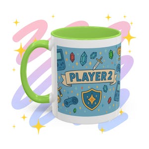 Player 2 Gamer Mugs Coffee Mug, Video Game Lover Gift, Colorful Gaming Ceramic Cups, Fun Birthday Present for Gamers, Gift for Boyfriend