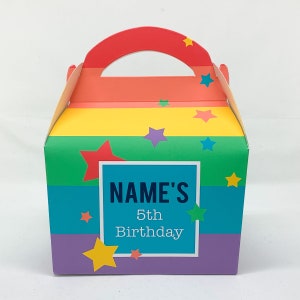 Bolsa de regalo personalizada unisex con diseño de arcoíris brillante para fiestas infantiles.