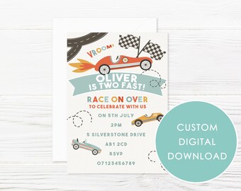DIGITAL DOWNLOAD Personalised Retro Racing Cars Balloons Invitation
