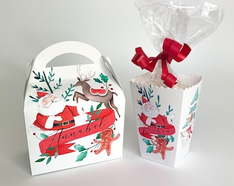 Personalised Classic Santa watercolour Christmas Treat Boxes Advent Party Box favours