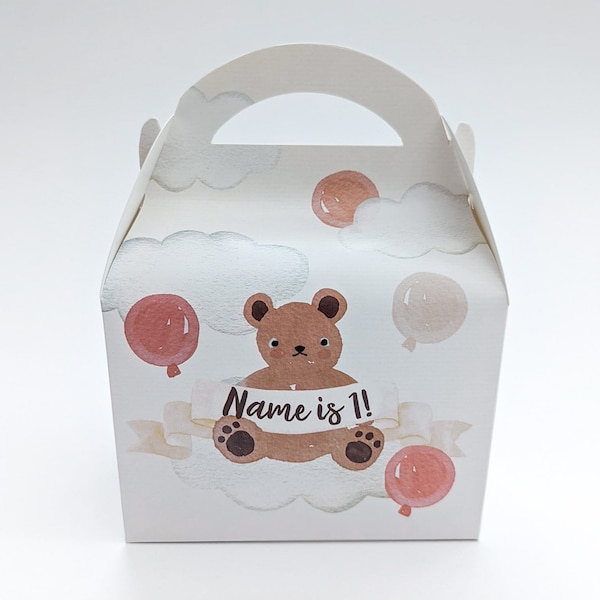 Watercolour Neutral Teddy Bears and Balloons Personalised Children’s Party Box Gift Bag Favour