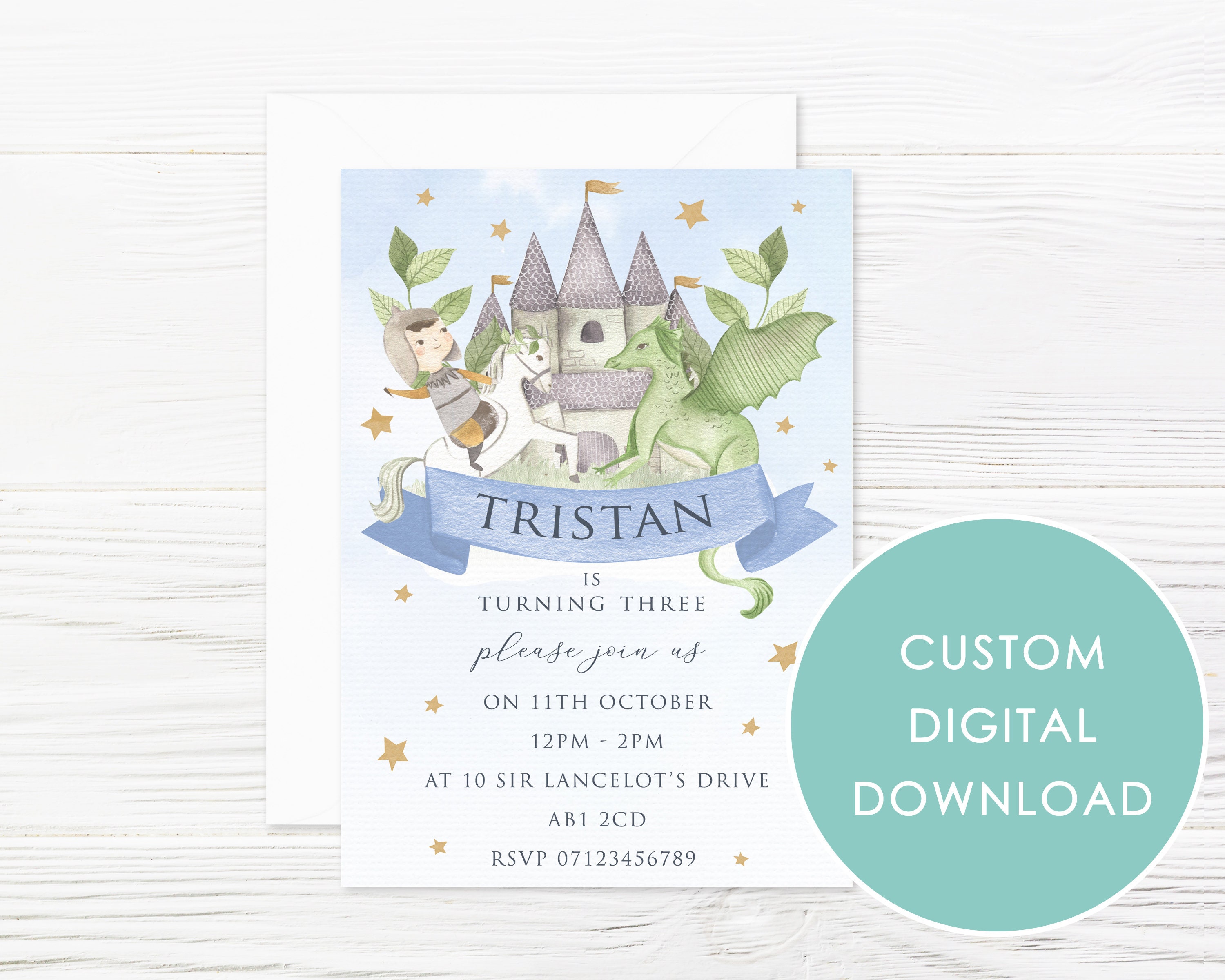 DIGITAL DOWNLOAD Personalised Knights and Dragons Fairytale Invitation