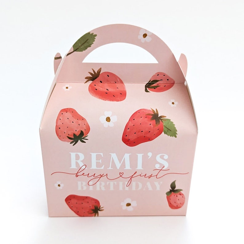 BERRY SWEET Strawberry Personalised Childrens Party Box Gift Bag Favour image 1