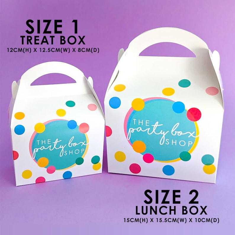 May include: Two white treat and lunch boxes with handles, decorated with colorful polka dots. The boxes feature the text "The Party Box Shop" on a teal background. Size 1 Treat Box is 4.7"(H) x 4.9"(W) x 3.1"(D). Size 2 Lunch Box is 5.9"(H) x 6.1"(W) x 3.9"(D).