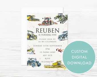 DIGITAL DOWNLOAD Personalised Watercolor Farm Machinery Invitation