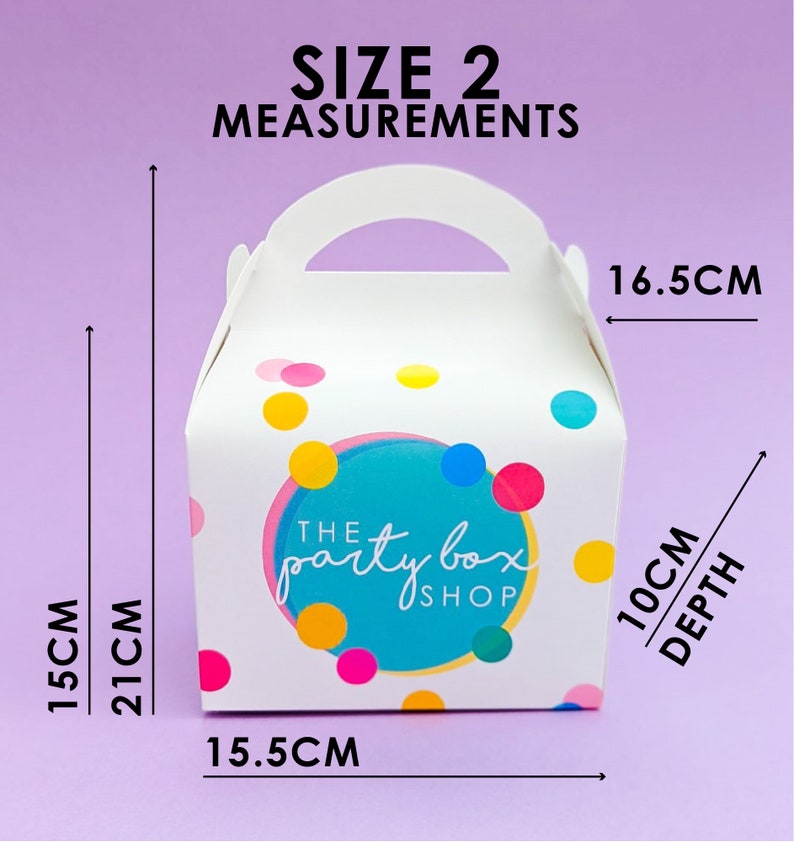 May include: White party box with a handle, decorated with colorful polka dots and the text "The Party Box Shop." Dimensions are 15 cm high, 21 cm tall, 15.5 cm wide, and 10 cm deep, with a width of 16.5 cm. The box is labeled "Size 2 Measurements."