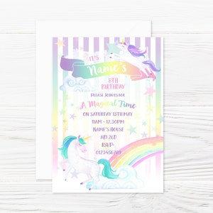 Invitations personnalisées à la fête des licornes aquarelles et enveloppes assorties x 8