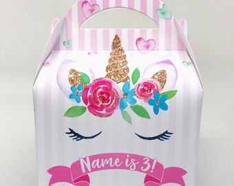 Watercolour Floral Unicorn  Eyes Personalised Children’s Party Box Gift Bag Favour