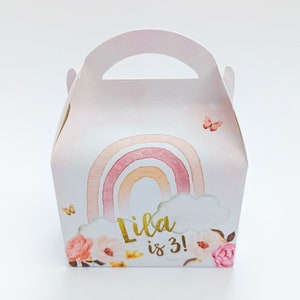 Pink floral boho rainbowPersonalised Children’s Party Box Gift Bag Favour