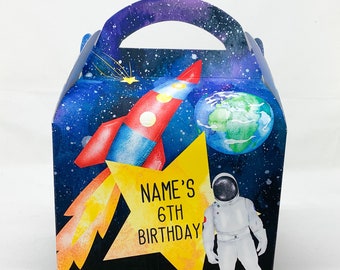 Personalised Space Birthday Party Favour Boxes with Astronaut and Rocket Design