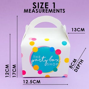 May include: White gift box with a colorful confetti pattern and the text "The Party Box Shop". The box measures 12.5 inches wide, 13 inches long, and 8 inches deep.