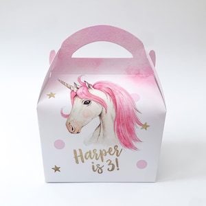 Unicornios rosa y oro Fantasía Acuarela Caja de fiesta infantil personalizada Bolsa de regalo Favor