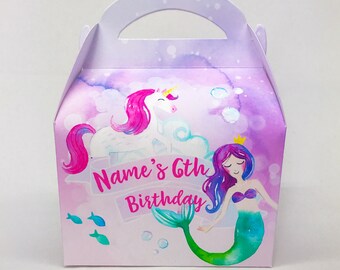 May include: A purple and pink favor box with a unicorn and mermaid design. The box has a handle and says "Name's 6th Birthday".