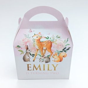 Watercolour woodland floral animals Personalised Children’s Party Box Gift Bag Favour