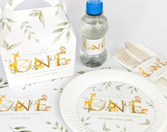 Spersonalizowane dekoracje na imprezę Wild One Boho Jungle Animal i torebki na smakołyki