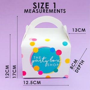 May include: White party box with a handle, decorated with colourful polka dots. The box has the text "THE party box SHOP" in a teal circle. Measurements are 12 cm high, 17 cm with handle, 12.5 cm wide, 8 cm deep, and 13 cm across.