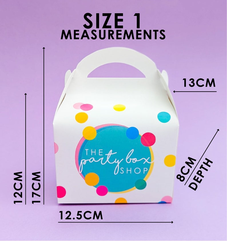 May include: White party box with a handle, decorated with colourful polka dots. The box has the text "THE party box SHOP" in a teal circle. Measurements are 12 cm high, 17 cm with handle, 12.5 cm wide, 8 cm deep, and 13 cm across.