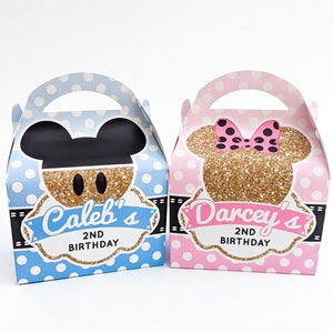 Pink and gold Minnie Mouse blue and gold Mickey Mouse  Personalised Children’s Party Box Gift Bag Favour