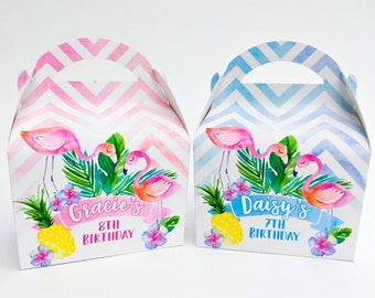 Favor de bolsa de regalo de caja de fiesta infantil personalizada de acuarela de flamenco tropical