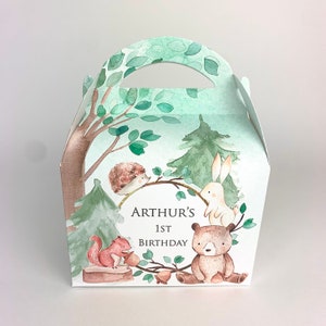 WOODLAND Forest animals Personalised Children’s Party Box Gift Bag Favour