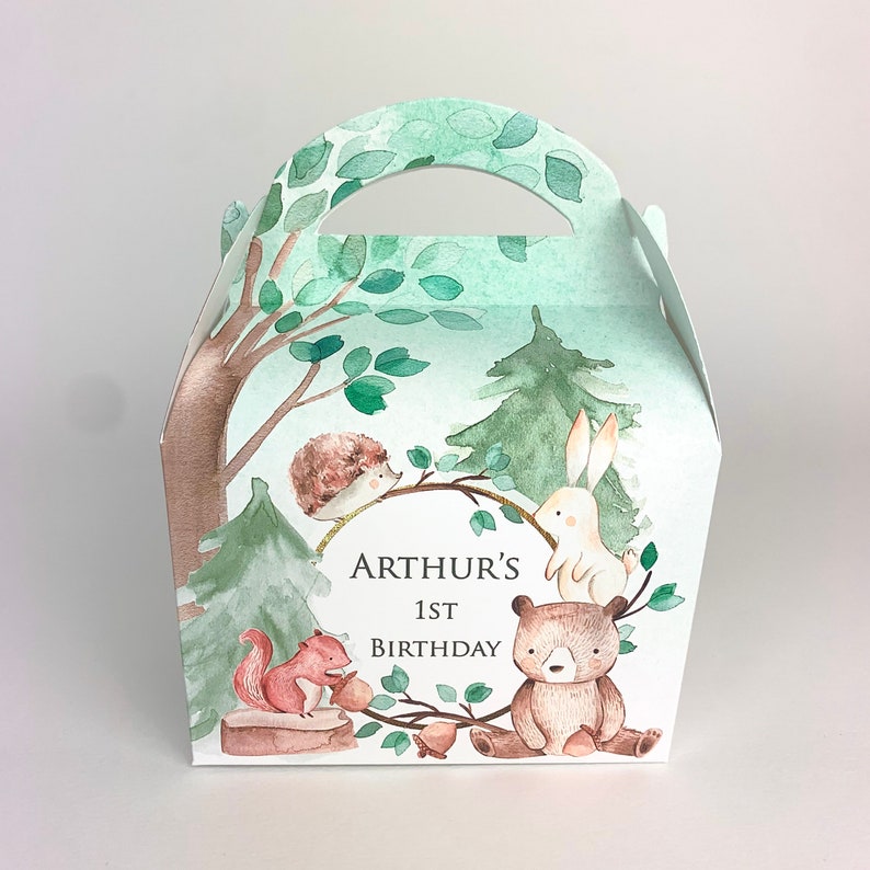 WOODLAND Forest animals Personalised Childrens Party Box Gift Bag Favour image 1