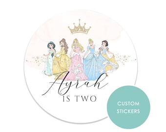 Pegatinas personalizadas para fiestas de cumpleaños de princesas – Etiquetas para conos de dulces con princesas en acuarela – Varios tamaños disponibles