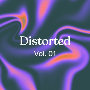 Puede incluir: Arte digital abstracto con un degradado de color púrpura y naranja en espiral. El texto "Distorted Vol. 01" está en blanco.