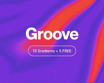 May include: Abstract digital art with a vibrant color palette of purple, orange, and white. The word "Groove" is displayed in large white text, with a smaller white text that reads "15 Gradients + 5 FREE". The background has a wavy, blurred effect.