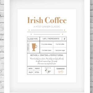 Irish Coffee-drink recipe print, recipe printable, typography print, wall art, typography poster, cocktail drink print