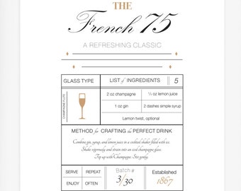The French 75-drink recipe print, recipe printable, typography print, wall art, typography poster, cocktail drink print
