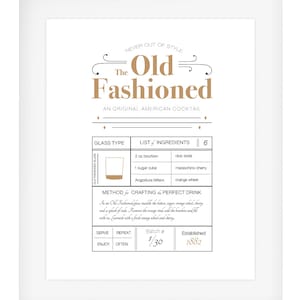 May include: A printable poster with a gold and white design featuring the recipe for an Old Fashioned cocktail. The poster includes the ingredients, method, and history of the drink. The text reads "Never out of style. The Old Fashioned. An original American cocktail."