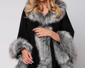 Black / grey Fake Fur Hooded Cloack