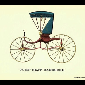 May include: A vintage illustration of a red and gold horse-drawn carriage with a blue canopy. The carriage is labelled "Jump Seat Barouche" and has a copyright date of 1982.