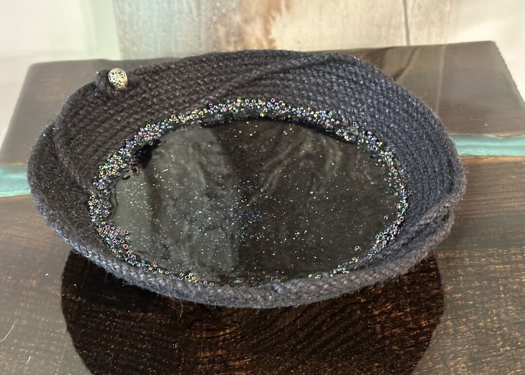 Resin Rope Coiled Basket Bowl Pottery Artisan Black Round Trinket Tray ...