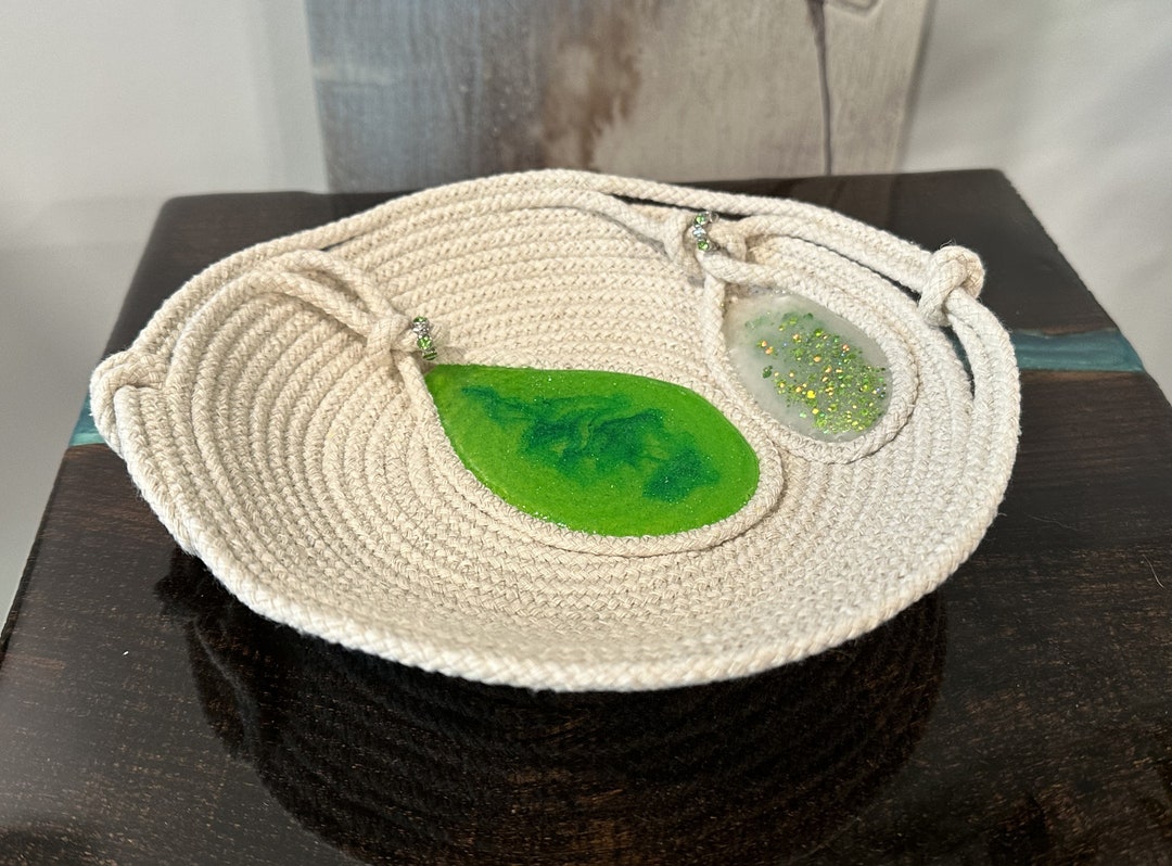 Resin Rope Coiled Basket Bowl Pottery Artisan Green White Minimalist ...