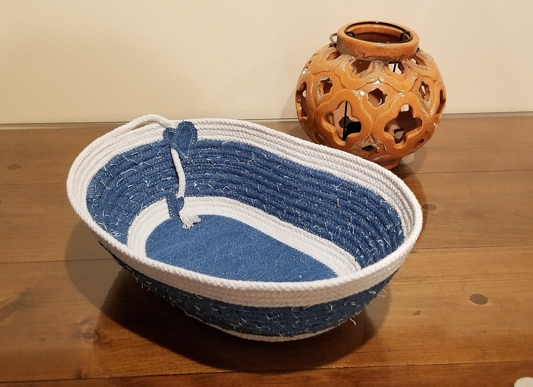 Denim Fabric Rope Coiled Basket Pottery Blue Silver Hearts Etsy
