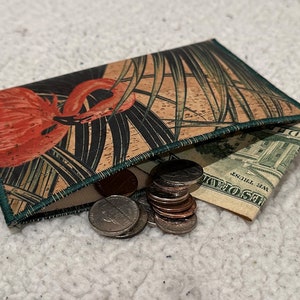 3cp Cork Fabric Coin Charge Card Purse Flamingo PETA approved vegetable based