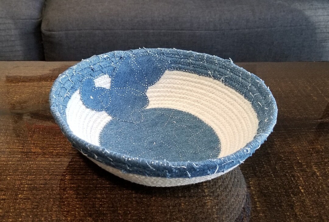 Denim Fabric Rope Coiled Basket Pottery Blue Silver Hearts Etsy