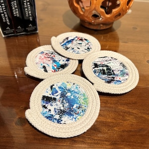 Fabric Pottery Rope Coiled Graffiti Set of four (4) Coasters