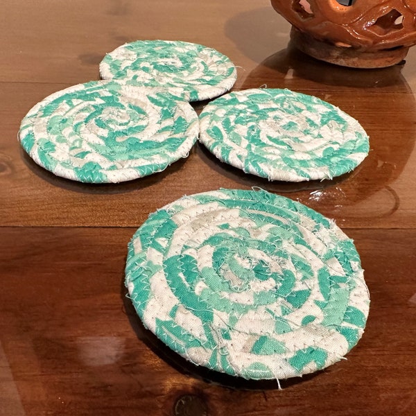 Fabric Pottery Rope Coiled Artisan Retro Mint Kelly Green Set of four (4) Coasters