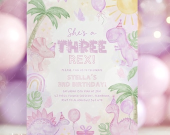 Girl Dinosaur Invitation, Dino 3rd Birthday Invite Printable, She's A Three Rex, Pastel Pink Purple