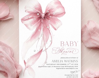 Pink Bow Baby Shower Invitation, Bows and Pearls Baby Shower Invite, Coquette Bow Girl Baby Shower, Editable Template, Pearls Invitation