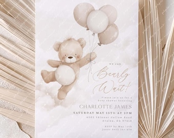 We Can Bearly Wait Baby Shower Invitation, Gender Neutral Teddy Bear Baby Shower Invite, Beige Teddy Bear with Balloons, Neutral Invite
