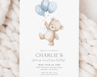 Beary First Birthday Invitation, Bear Birthday Invite, Teddy Bear First Birthday, 1st Birthday Boy, Beary 1st Birthday Party Invite Blue