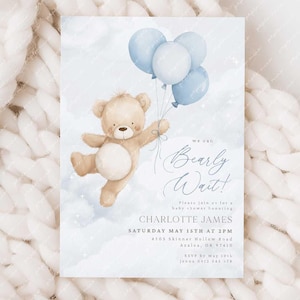 We Can Bearly Wait Baby Shower Invitation, Teddy Bear Baby Shower Invite, Blue Teddy Bear with Balloons, Blue Boy Baby Shower Bear Invite