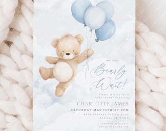 We Can Bearly Wait Baby Shower Invitation, Teddy Bear Baby Shower Invite, Blue Teddy Bear with Balloons, Blue Boy Baby Shower Bear Invite