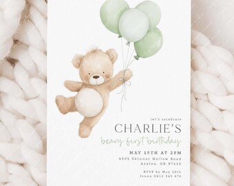 Beary First Birthday Invitation, Bear Birthday Invite, Teddy Bear First Birthday, 1st Birthday Boy, Beary 1st Birthday Party Sage Green